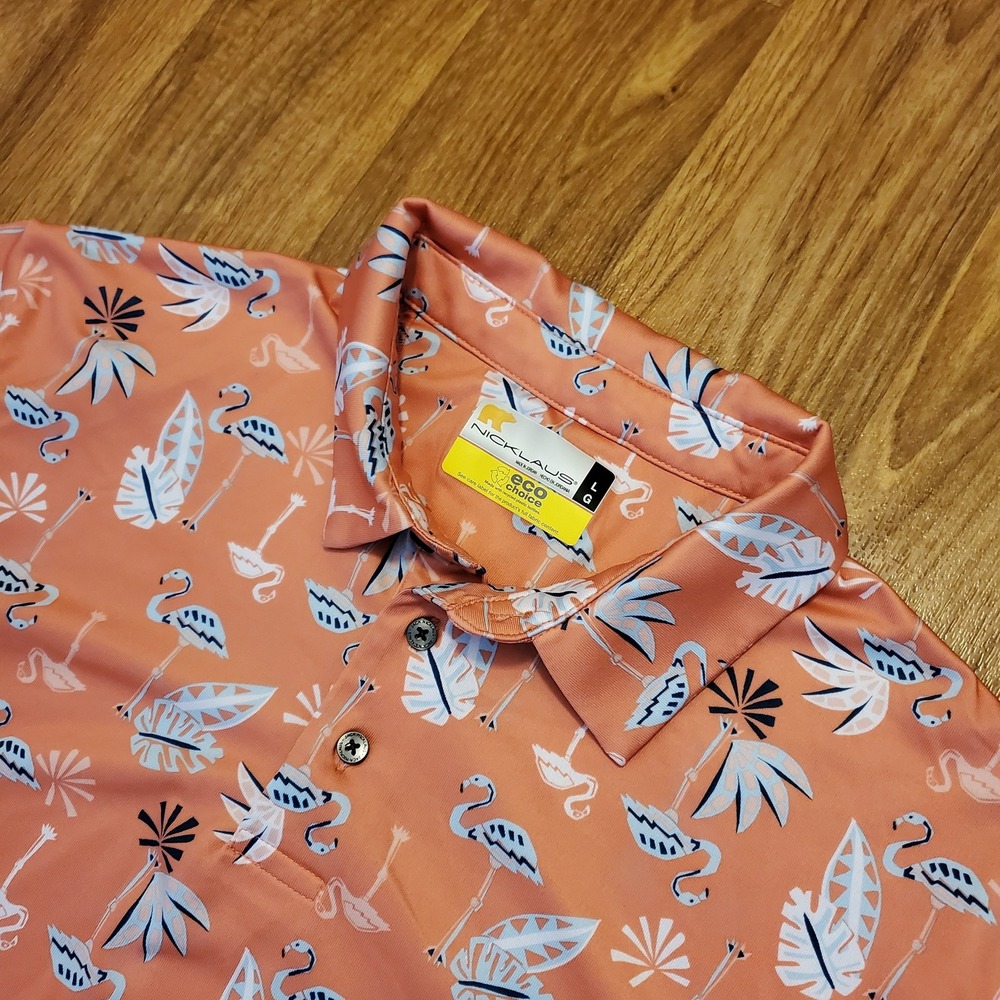 Nicklaus Polo Shirt Men Large Orange Flamingo‎ Leaf Print Golf Eco Choice Summer